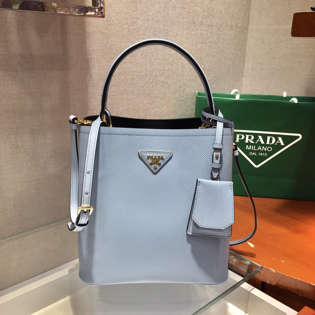 Prada Medium Panier Saffiano Leather Bag Blue Pale/Black 1BA212